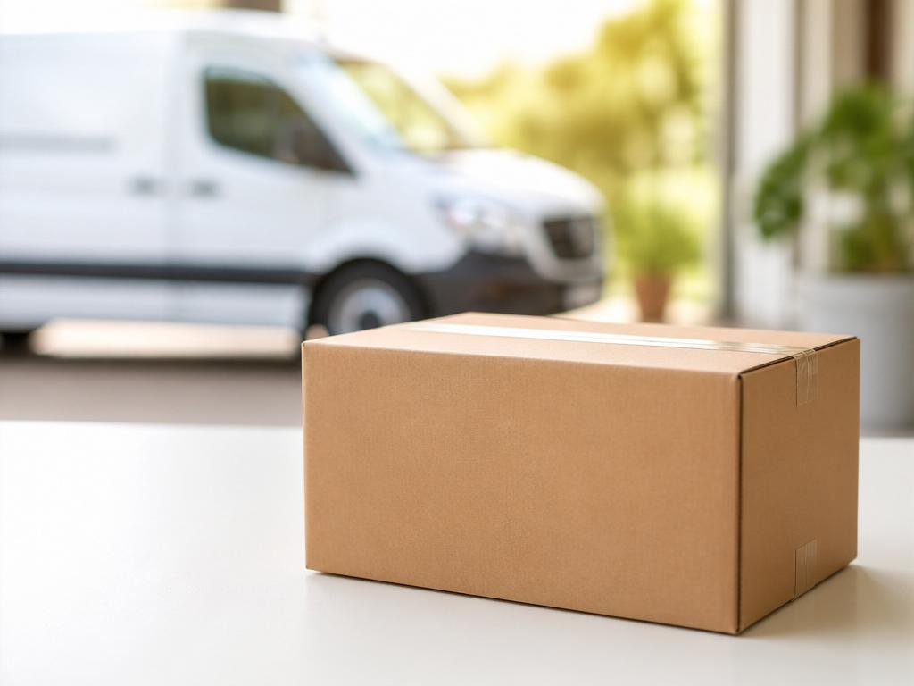 Sealed cardboard shipping box with delivery van in background