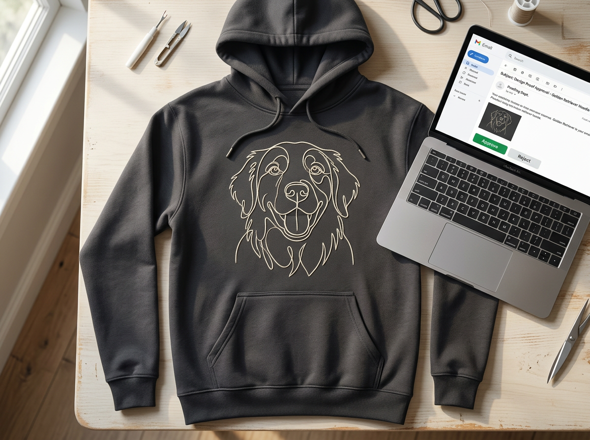 Hoodie with embroidered dog line art next to laptop showing approval email