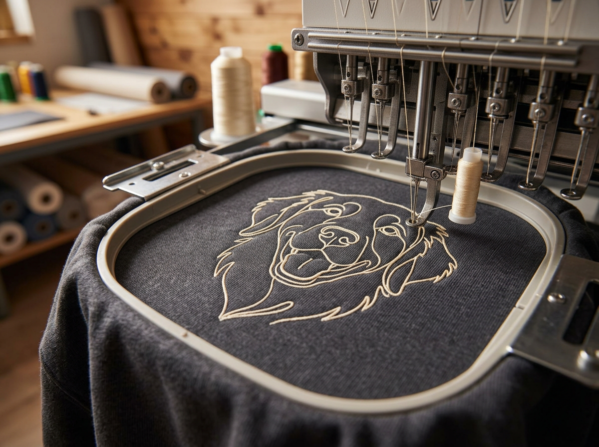 Embroidery machine stitching a dog line art onto a dark grey hoodie